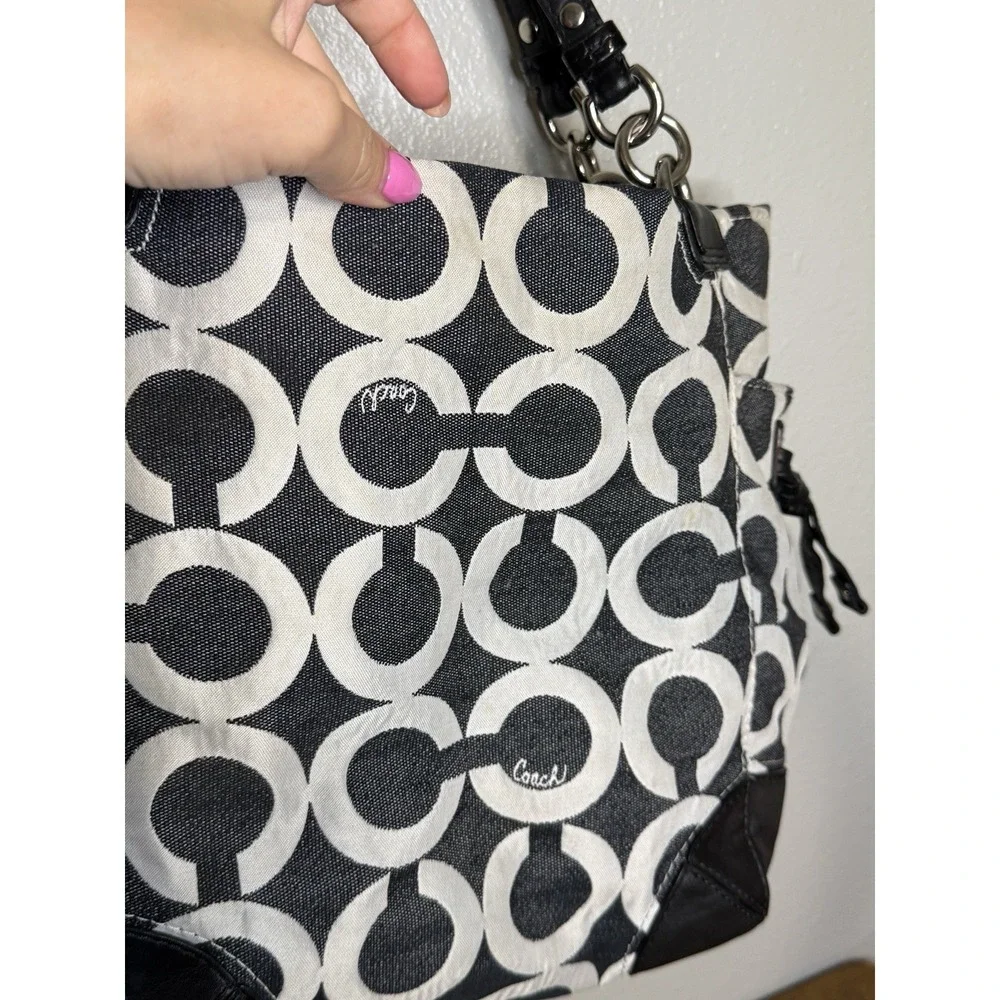 Coach Signature Op Art Draw String Sides Hobo Handbag Black‎ White 14573